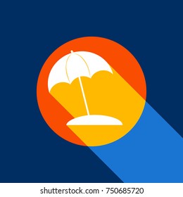 Umbrella and sun lounger sign. Vector. White icon on tangelo circle with infinite shadow of light at cool   background. Selective yellow and bright navy blue are produced.