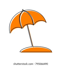 Umbrella and sun lounger sign. Vector. Black line icon with shifted flat orange filled icon on white background. Isolated.