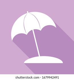 Umbrella and sun lounger sign. White Icon with long shadow at purple background. Illustration.