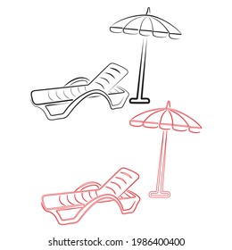 Umbrella And Sun Lounger Vector Illustration. Beach Chair And Umbrella Vector Outline Illustration Isolated On White Background
