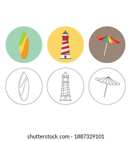 Umbrella, Surf Board, Lighthouse Fill Outline Icon Bundle