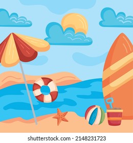 umbrella and surfboard beach scene