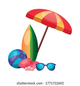 umbrella surfboard glasses shells and ball design, Summer vacation tropical relaxation outdoor nature tourism relax lifestyle and paradise theme Vector illustration