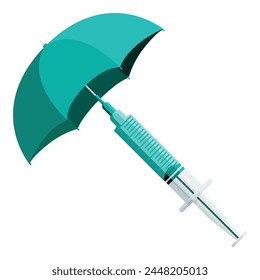 Umbrella and syringe with medicament. Coronavirus covid 19 vaccination concept. Injection syringe needles. Medical equipment. Healthcare, hospital and medical diagnostics. Flat vector illustration