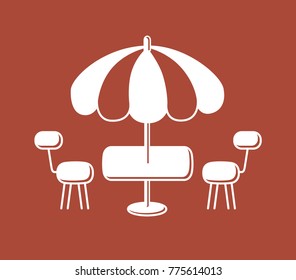 Umbrella with table and two chairs, fast food cafe or restaurant icon.