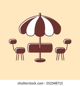 Umbrella with table and two chairs, outdoor fast food cafe or restaurant icon.
