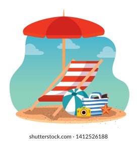 umbrella with tanning chair and purse with ball and camera