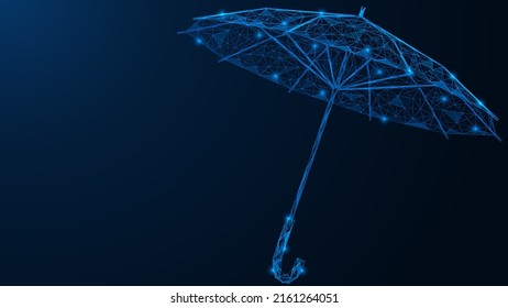 An umbrella that protects from rain and sun. Low-poly design of interconnected lines and dots. Blue background.