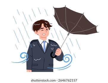 An umbrella that was turned inside out and broken by the wind. A man panicked after getting rained on by a broken umbrella.