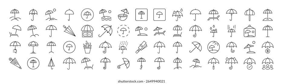 Conjunto de ícones de linha fina guarda-chuva. Outline Signs para Gráficos e Web Design, Apps, Anúncios, Vários Cartões 