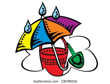 Umbrella, three drops of water, red bucket and toy spade over cloud shaped frame