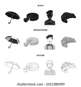 Umbrella, traditional, cheese, mime .France country set collection icons in black,monochrome,outline style vector symbol stock illustration web.