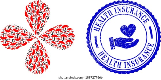 Umbrella wirl abstrakte Blume, und blau rund HEALTH INSURANCE grobes Abzeichen mit Icon innen. Objektblume, die aus orientierten Schirmsymbolen entstanden ist. Vektorblumencollage im flachen Stil.