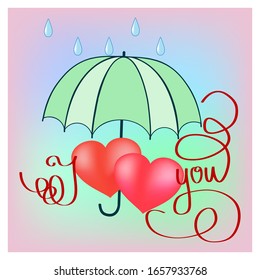 Umbrella, two hearts and lettering I love you. Fashion print for sports wear. Template for t, apparel, card, poster, banner. Design element. Couple hearts as symbol of love. Vector illustration
