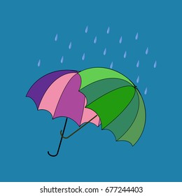 Umbrella two on blue background. Romantic icon health isolated. Fashion print for sports wear. Template for t, apparel, card, poster. Design element. Colorful symbol of autumn. Vector illustration