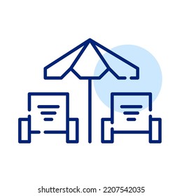Umbrella and two sun loungers. Beach relaxation. Exotic getaway. Pixel perfect, editable stroke line icon