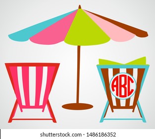 Umbrella and two sunbeds, deck chair and beach umbrella. VECTOR