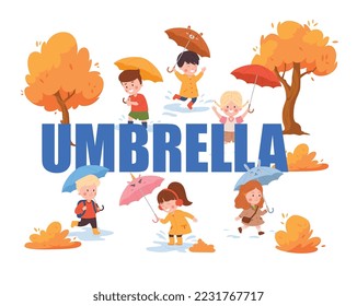 Umbrella typographic header, cute kids under umbrella - flat vector illustration isolated on white background. Autumn season - happy kids holding umbrella, jumping in puddles and going to school.