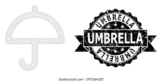 Umbrella unclean seal print and vector umbrella mesh structure. Black stamp seal includes Umbrella tag inside ribbon and rosette. Abstract 2d mesh umbrella, designed with flat mesh.