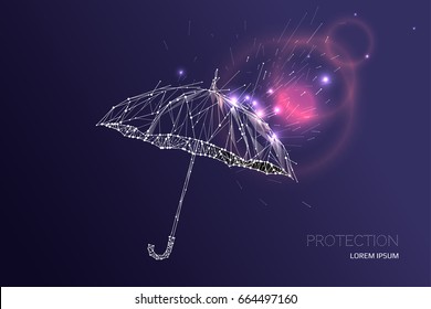 The umbrella under rain falling effect. Line, dot, low polygon design. The concept of protection. vector illustration