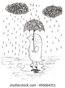 Umbrella under the rain. Hand drawing cartoon sketch illustration in childish doodle style