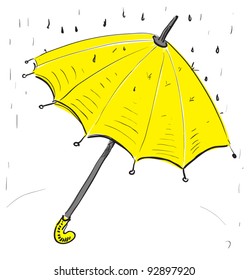 Umbrella under the rain. Hand drawing cartoon sketch illustration in childish doodle style