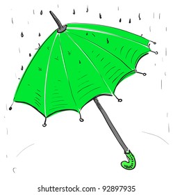 Umbrella under the rain. Hand drawing cartoon sketch illustration in childish doodle style