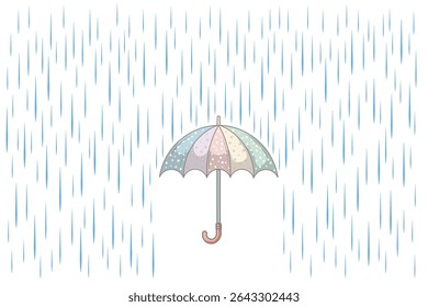 Umbrella under rain in pastel tones, cartoon flat vector for children’s books, baby room prints, seasonal backgrounds, and seamless patterns
