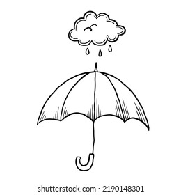 Regenschirm unter Regenwolke doodle Vektorgrafik. Einfache Schwarz-Weiß-Skizze des regnerischen Tages im Cartoon-Stil. Herbst-T-Shirt-Druckkunst-Herbstsymbol