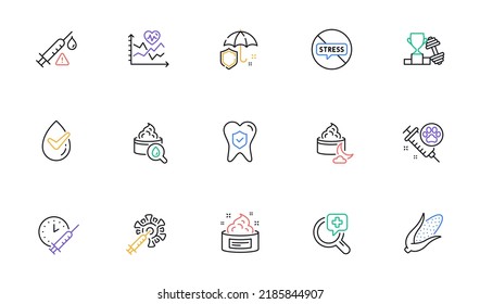 Umbrella, Vaccine attention and Dumbbell line icons for website, printing. Collection of Cardio training, Vaccination schedule, Dermatologically tested icons. Medical analyzes. Vector