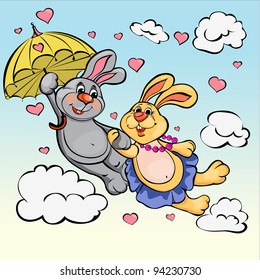 Two Valentine rabbit with umbrella, vector drawing; on background