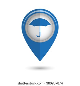 Umbrella - vector icon;  blue map pointer