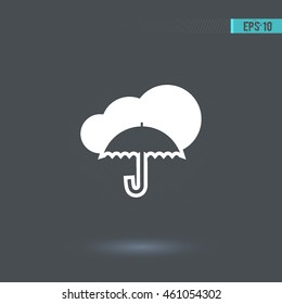 Umbrella vector icon. Cloud pictogram. Graphic symbol for web design, logo. White glyph on a gray background. Isolated sign.