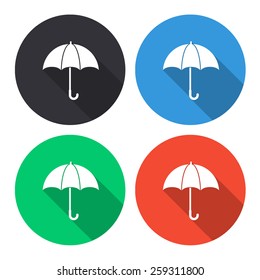 umbrella vector icon - colored(gray, blue, green, red) round buttons with long shadow