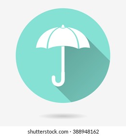 Umbrella   vector icon with long shadow. White illustration isolated on green background for graphic and web design.  