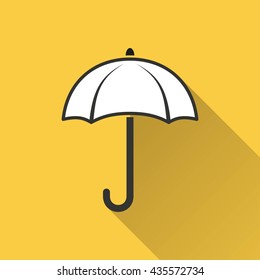 Umbrella vector icon with long shadow. Illustration isolated on yellow background for graphic and web design.