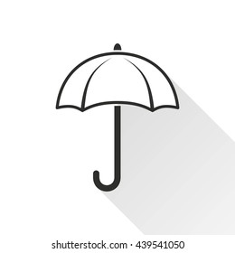 Umbrella vector icon with long shadow. Black illustration isolated on with background for graphic and web design.