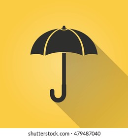 Umbrella vector icon with long shadow. Black illustration isolated on yellow background for graphic and web design.