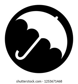 Umbrella vector icon on black circle. White background