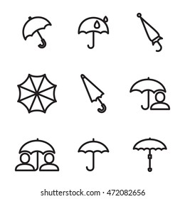Umbrella vector icons. Simple illustration set of 9 umbrella elements, editable icons, can be used in logo, UI and web design