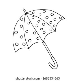 Umbrella. Vector illustration of an umbrella. Contour drawing of a hand with a black liner. Children's coloring book. Design element for postcards, textiles, and stationery.