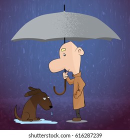 Umbrella. The vector illustration of a man with umbrella covering a dog from rain.