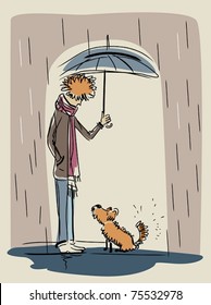 Umbrella. The vector illustration of a man with umbrella covering a homeless dog from rain.