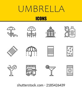umbrella vector line icons set. sunbed, umbrella and veranda Icons. Thin line design. Modern outline graphic elements, simple stroke symbols stock illustration