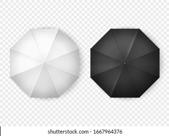 Umbrella vector mockup blank templates, top view. Black and white open umbrellas, realistic 3D models isolated on transparent background, rain and sun protection accessory