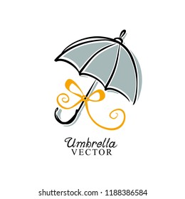Umbrella vector. Romantic gray rain umbrella is tied with a yellow gift bow. Attractive template for advertising or just a cute illustration.