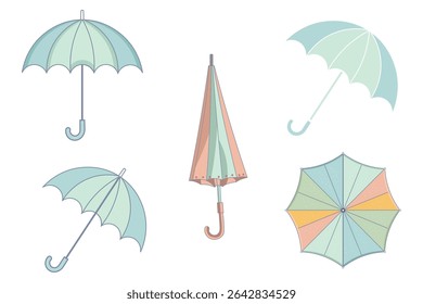 Umbrella vector set met verschillende vormen, maten en kleuren, kleurrijke regenachtige weer illustratie, open en gesloten paraplu graphics, plat ontwerp voor gebruik in UI, posters, en seizoensgebonden kunstwerken


