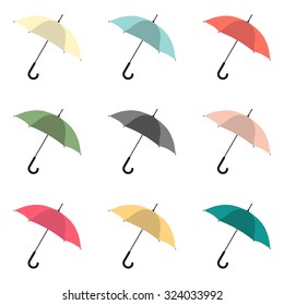 Umbrella vector set in nine different colors isolated on white background. Collection of colorful open umbrellas for rainy days on autumn or sunshine in the summer.