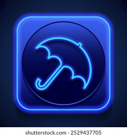 Umbrella vector simple icon. Flat design. Blue neon style on button. With shadow.ai