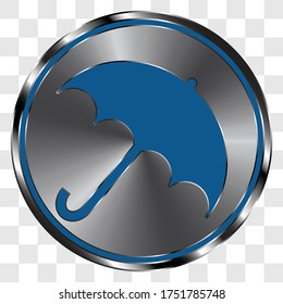 Icono simple del vector del paraguas sobre botón redondo de metal. Cuadrícula transparente